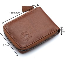 Westpolo Hakiki Deri Kağıt Para ve Bol Şeffaf Kart Bölmeli, Fermuarlı Unisex Kartlık - Taba