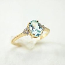 Fasek Gold Evlilik Teklifi Altın Yüzük - 14 Ayar Altın Oval Mavi Topaz Taşlı Kadın Evlilik Teklifi Yüzüğü