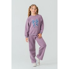 Ahengim Kız Çocuk Fiyonk Nakışlı Taşlı 3 Iplik Kalın Kışlık Eşofman Takımı AK4222