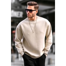 Madmext Bej Bisiklet Yaka Oversize Şardonlu Basic Erkek Sweatshirt 6048