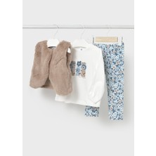 Mayoral Kız Bebek 3’lü Takım | 1-4 Yaş | Kahve Tüylü Yelek, Bej Baskılı Pamuklu Tişört, Mavi desenli Tayt 