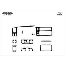 Mars Cockpit Design Mitsubishi Pajero Sport Konsol-Torpido Kaplama 1998-2002 12 Par? Piano Black