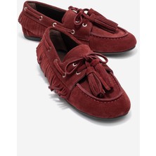 Luvi Fenora Bordo Süet Hakiki Deri Saçaklı Püsküllü Kadın Loafer Ayakkabı
