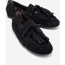 Luvi Fenora Siyah Süet Hakiki Deri Saçaklı Püsküllü Kadın Loafer Ayakkabı