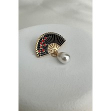 Modex Altın Rengi Oval Inci Sallantılı Siyah Mineli Yelpaze Broş (3cm)
