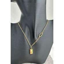 Modex Altın Rengi Oval Halka Zincir Tasarım Külçe Çelik Kolye (ZINCIR:40CM Uç:1cm)