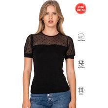 Özkan Underwear Özkan 27680 Kadın Premium Kumaş Ring Viskon Kısa Kollu T-Shirt Bluz Bisiklet Yaka Tül Detaylı