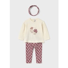 Mayoral 3\'lü Kız Bebek Takımı (1-4 Yaş) – Bej Sweat, Desenli Pembe Tayt, Desenli Bandana