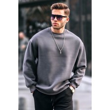 Madmext Füme Bisiklet Yaka Oversize Şardonlu Basic Erkek Sweatshirt 6048