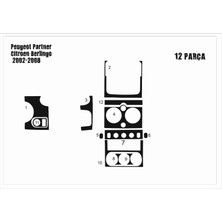 Mars Cockpit Design Peugeot Partner Berlingo Alüminyum Kaplama 2002-2008 12 Parça  Piano Black