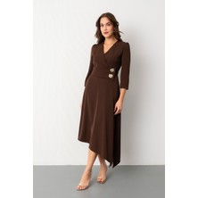 Lafaba Kadın Kahverengi Kemer Detay Saten Davet Elbisesi