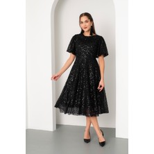 Lafaba Kadın Siyah Balon Kol Pul Payet Midi Abiye Elbise