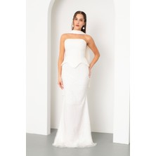 Lafaba Kadın Beyaz Straplez Taşlı Uzun Balık Abiye