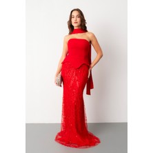 Lafaba Kadın Kırmızı Straplez Taşlı Uzun Balık Abiye