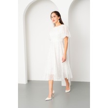 Lafaba Kadın Beyaz Balon Kol Pul Payet Midi Abiye Elbise