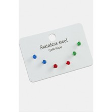 Hg.Aksesuar 6 Adet Yuvarlak Renkli Zirkon Tek Taşlı Çelik Küpe