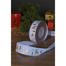 Roco Paper Co. Yılbaşı Grogren Beyaz Kurdele – Geyik Desenli Hediye Paketleme, Hobi Süsleme Şeridi, 4 Cm - 18 M