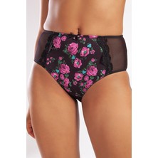 Golshan Gardenia Control Slip, Kadın Dantelli Çiçek Baskılı Siyah Yüksek Bel Külot