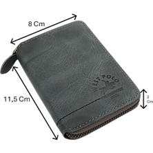Westpolo Hakiki Eskitme Deri Kağıt Para ve Bol Kart Bölmeli Fermuarlı Unisex Cüzdan - Gri