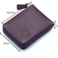 Westpolo Hakiki Deri Kağıt Para ve Bol Şeffaf Kart Bölmeli, Fermuarlı Unisex Kartlık - Mürdüm