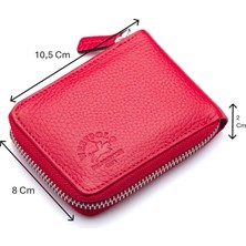 Westpolo Hakiki Deri Kağıt Para ve Bol Şeffaf Kart Bölmeli, Fermuarlı Unisex Kartlık - Kırmızı