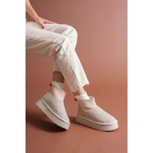 Alfaze Içi Kürklü Boğazı Streçli Bot Süet Bej Topuk Boyu 4 cm