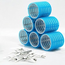 Lidyahan Store 1214 Mega Boy Bigudi 6lı + Saç Pensi 12LI Cırtlı - Yapışkanlı Bigudi Mavi