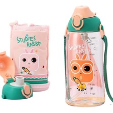 Lidyahan Store Büyük Boy 700ML Kılıflı Askılı Pipetli/pipetsiz Iki Ayrı Kapaklı Tritan Çocuk Matarası (Studies Rabbit (Pudra Pembe-Yeşil))