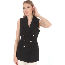 Pearl Siyah Slim Fit Krep Inci Düğmeli Trendy Kruvaze Yelek - En Şık, Rahat ve Çok Yönlü Tasarımı