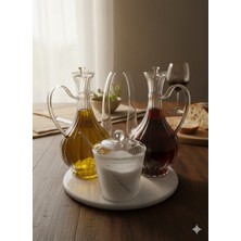 Cam Yağlık ve Tuzluk Seti – Mermer Altlıklı Şık Sunum 3'lü  Set  Glorry Çizgili Tasarım