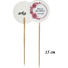 TM Tasarım Mağazası 15 cm Uzun Kürdan - 20 Adet Kişiye Özel Yuvarlak Bayraklı Kına Hatırası Pasta Kürdanı -4