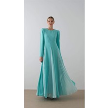 Miha PARÇA PİLİSELİ KREP ŞİFON ELBİSE Mavi