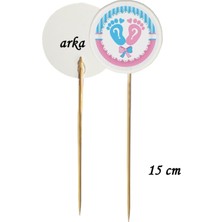 TM Tasarım Mağazası 15 cm Uzun Kürdan - 20 Adet Bebek Ayağı Baskılı Pembe Mavi Baby Shower Partisi Pasta Kürdanı -3
