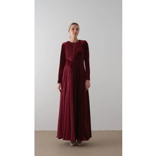 Miha ÖNÜ ÇAPRAZ ŞİFON DESENLİ KADİFE ELBİSE Bordo