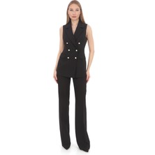 Pearl Kadın Kruvaze İnci Düğmeli Yelek ve Yüksek Bel Krep Pantolon Takım – Siyah