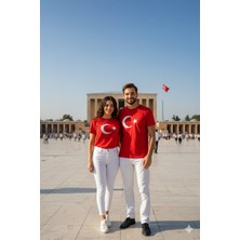 Unisex Bisiklet Yaka %100 Pamuk Kırmızı Türk Bayraklı T-Shirt