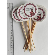 TM Tasarım Mağazası 15 cm Uzun Kürdan - 20 Adet Kişiye Özel Yuvarlak Bayraklı Kına Hatırası Pasta Kürdanı -1