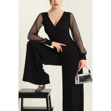 Kadın Derin V Yaka Kolları Puantiyeli Tül Detay Ispanyol Paça Tulum