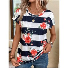 Kadın Çiçek Desenli Yatay Şeritli Bisiklet Yaka Tişört