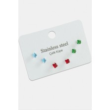 Hg.Aksesuar 6 Adet Kare Renkli Zirkon Tek Taşlı Çelik Küpe