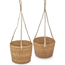 Lidyahan Store 2'li Asılabilir El Yapımı ve Doğal Yuvarlak Hasır Saksılık Seti, 2'li Ipli Asılabilir Hasır Yuvarlak Saksı Seti (23CM*18CM-20CM*15CM)