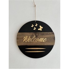 Sly Hoşgeldiniz Yazılı Kelebek Detaylı Aynalı Pleksi Ahşap Kapı Süsü Dekoratif