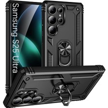 HANPORIUM Samsung Galaxy S25 Ultra Uyumlu Tank Kılıf Yüzüklü Standlı Extra Darbe Koruma Zırhlı Outdoor Kapak -Siyah