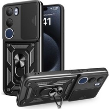 HANPORIUM Vivo Y19S Uyumlu Tank Kılıf Yüzüklü Standlı Extra Darbe Koruma Zırhlı Outdoor Kapak - Siyah