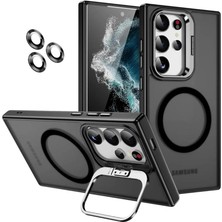 Lidyahan Store Samsung Için Kılıf Kamera Korumalı Magsafe Wireless Şarj Özellikli Mat Şeffaf Renkli Standlı Kılıf (Lens Hediyeli) (Siyah, S23 Ultra)