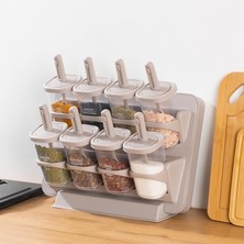 Lidyahan Store 1123 8'li Standlı Kaydırmalı Kaşıklı 360° Döner Kapaklı Etiketli Baharatlık Seti - Erzak Saklama Kabı Cappuccino