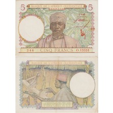 Banknoting Fransız Batı Afrikası 5 Frank 1943 Güzel Seri Nolu O. 13331 Iı. Dünya Savaşı Dönemi. Çilaltı