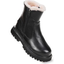 Kiko Kids Niyu  Deri Fermuarlı Kız Çocuk Bot Ayakkabı Siyah Rahat Taban Özelliği ile