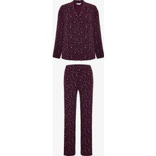 Penti Bordo Leopar Desenli Fitilli Gömlek Yakalı Uzun Kollu Pijama Takımı