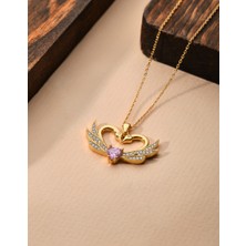 Erdobia 925 Ayar Zirkon Taşlı Gold Birleşen Kuğular Kalp Motifli Gümüş Aşk Kolyesi